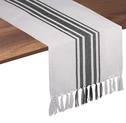 Native Fab Gray Table Runner 108 Inches Long - Boho Stripe Table Cover with Fringes - 100% Cotton, Soft, Tight Weave, Nonslip Tablerunner for Dining, Dresser, Wedding - Grey and White (14x108 inch)