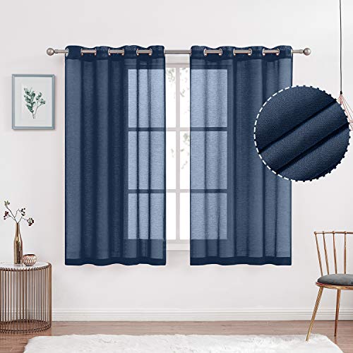 July Joy Semi Linen Look Sheer Curtains for Bedroom, Living Room Grommet Light Filtering Solid Voile Window Curtains, Set of 2 panels (52 x 63 inch, Navy)