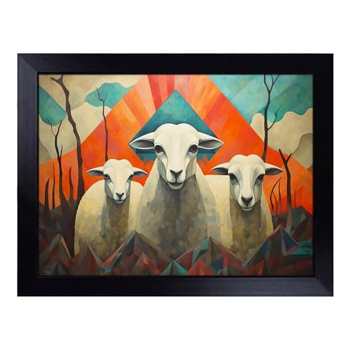 Lap Tray with Bean Bag Cushion, Sheep Art Deco - Handmade in the UK, Raised Wooden Edge, Padded Cushion, Heat-Resistant Wipe-Clean Surface, for Meals, Laptops and Crafts