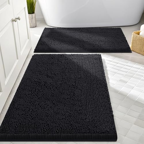 "smiry Bathroom Rugs and Mats Set, 2 Piece Chenille Bath Mat Set, Machine Wash Dry, Non Slip Absorbent Shaggy Bath Rug for Bath Room, Shower and Tub (30"" x 20""+24"" x 16"", Black)"