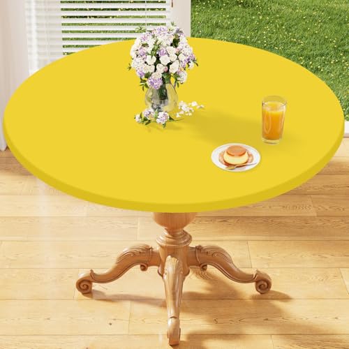 "homing Round Fabric Fitted Tablecloth, Elastic Waterproof Oil Proof Table Cloth, Washable Polyester Table Cover Fits 45""-56"" Round Tables for Outdoor Picnic Dinner, Yellow"