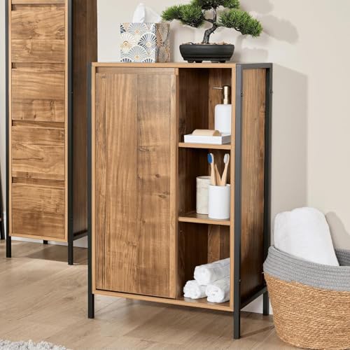 Home Source Multi Unit Bathroom Cabinet ??? Oak-Style Shelves with Black Metal Frame ??? Bathroom Storage with 5 Shelves & Cupboard