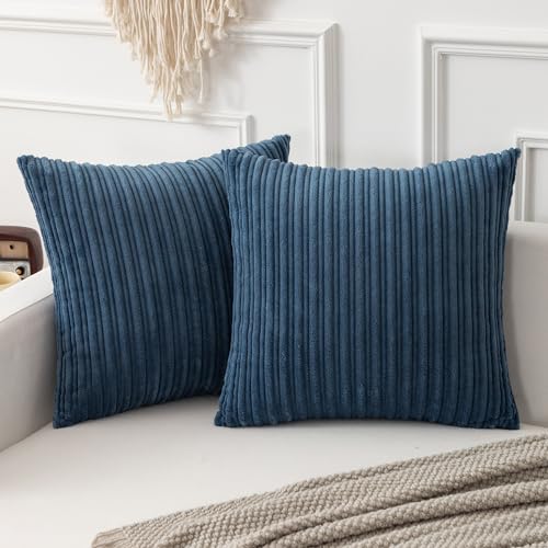 K KEVIN TEXTILE Kevin Textile Throw Pillow Covers Soft Corduroy Decorative Set of 2 Boho Striped Pillow Covers Pillowcases Farmhouse Home Decor for Couch Bed Sofa Living Room 18x18 Inch Dusty Blue