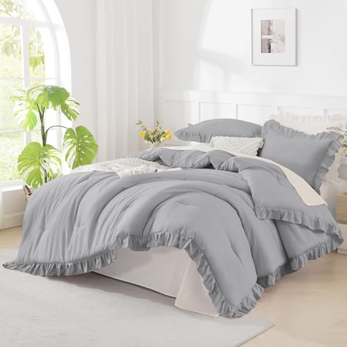 Andency Silver Gray California King Comforter Set, 3 Pcs Shabby Chic - Ruffle Solid Cal King Bedding Sets, Oversized All-Season Soft Lightweight Down Alternative Bed Set for Adults