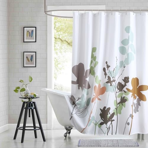 BESTRIPES Modern Botanical Shower Curtain 72x78 Inches Long, Waterproof White Fabric with Brown & Green Branch Silhouette Print, 12 Metal Grommets & Weighted Hem
