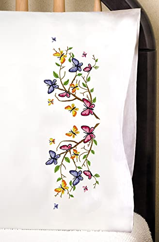 Design Works Crafts Stamped for Embroidery Pillowcases, Cotton, Butterflies, Standard