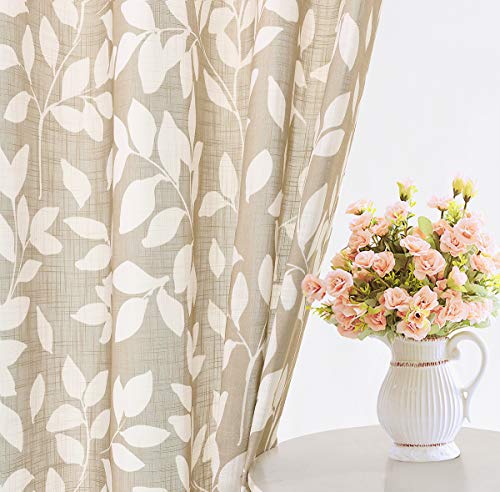 "Treatmentex Leaf Semi Sheer Curtains for Living Room 84"" Length with White Leaves Print Curtains for Bedroom Windows 52"" w, 2 Panels Taupe, Grommet Top"
