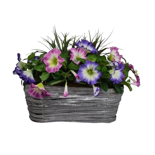 GreenBrokers Artificial Pink & Purple Petunia Flowers & Lemon Grass in Rounded 40cm Rectangle Grey Wash Willow Basket - Faux Silk - UV Protected