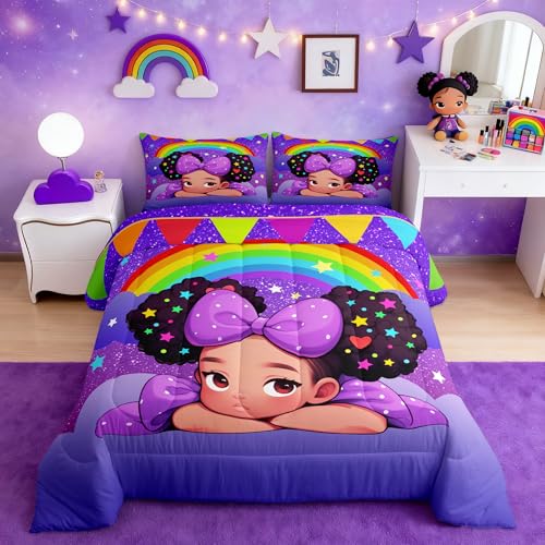 Black Princess Girl Comforter Set Twin Size,African Kids Teens American Bedding Set Glitter Starry Sky Rainbow Purple Quilted Duvet Cute Bedroom Decor Pretty Girl Magical Bedspread 2Pcs,1 Pillowcase