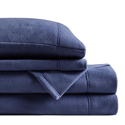 "SLEEP PHILOSOPHY True North Micro Fleece Bed Sheet Set, Warm, Sheets with 14"" Deep Pocket, for Cold Season Cozy Sheet-Set, Matching Pillow Case, King, Navy, 4 Piece"