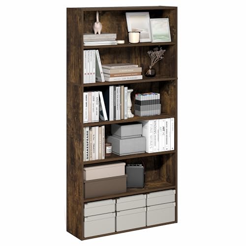 Furinno PASIR Book Shelf, 6-Tier Bookshelf with Open Storage Shelf, Standing Bookcase, 23.9 x 80 x 160cm, Easy Assembly, for Home Office, Bedroom, Living Room, Amber Pine