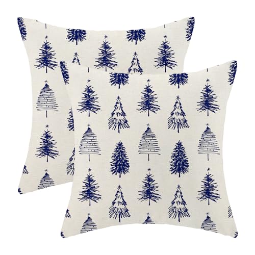 AEIOAE Christmas Pillow Covers 18x18 Inch Set of 2 Blue Christmas Trees Throw Pillows Case,Holiday Outdoor Decorative Farmhouse Winter Decor Cushion Covers for Home Sofa Bed Couch