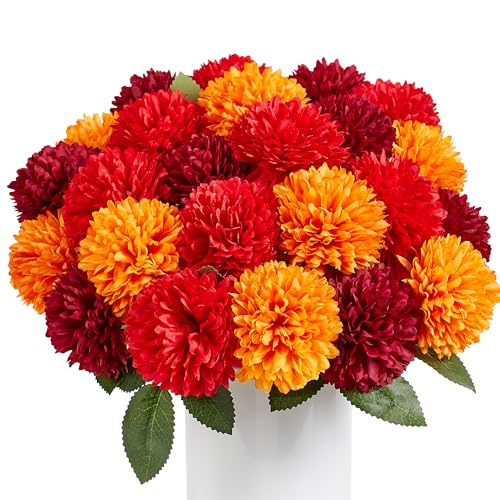 SITUMEIZI 12 Pcs Artificial Chrysanthemums Flowers Ball Flower Fake Mums Silk for Wedding Home Kitchen Decoration Floral Arrangement(Burgundy,Red,Orange)