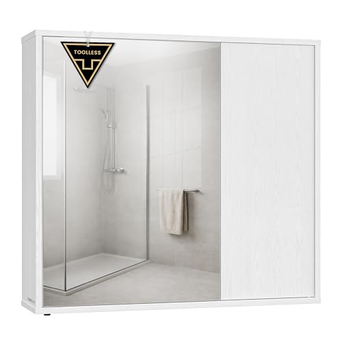 SONGMICS HOME Bathroom Mirror Cabinet, Superfast Toolless Assembly, Bathroom Mirror with Storage, Adjustable Shelves, and Doors, Modern, 15 x 60 x 55 cm, Snow White BBC114WE01
