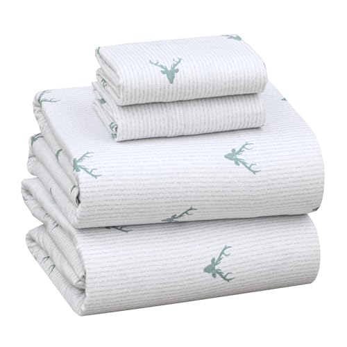 Ruvanti 100% Cotton 4 Piece Flannel Bedding Set Queen Size Bed Christmas Deer Deep Pockets Warm Super Soft Breathable Moisture Wicking Flannel Flat Sheet Fitted Sheet 2 Pillow Cases