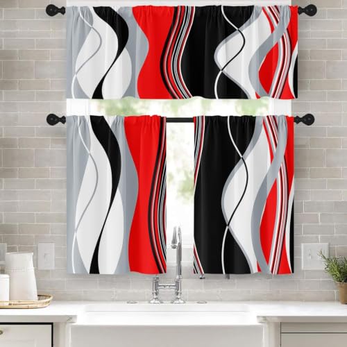Tayney Red Grey White Black Kitchen Window Curtains Valance and Tier Set 36 Inch, Geometric Lines Abstract Rod Pocket Short Tier Curtain for Bathroom, Modern Small Cafe Drapes for Kitchen Decor