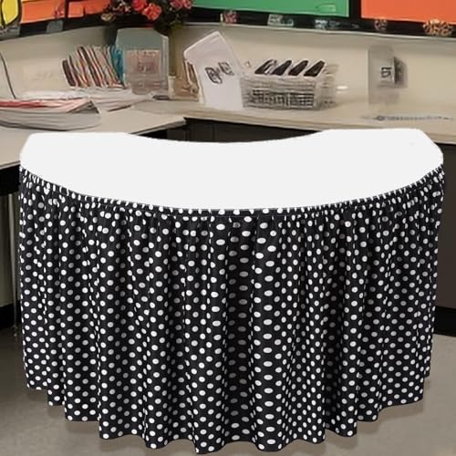 Oudain Black and White Polka Dots Table Skirt for Teacher Desk 29.5 Inch x 13.8 ft Boho Wrinkle Table Cover Skirt Polka Dots Party Decorations for Classroom Kidney Shaped Desk Back to School Supplies
