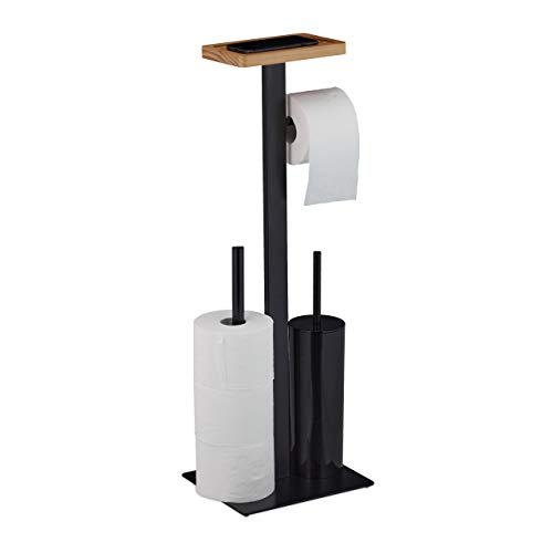 Relaxdays 3-1 WC Set, Toilet Paper Holder, Bathroom Brush and Holder, Phone Storage Tray, HxWxD: 73x25x20 cm, Matt Black