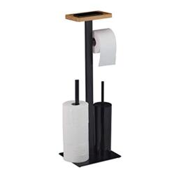 Relaxdays 3-1 WC Set, Toilet Paper Holder, Bathroom Brush and Holder, Phone Storage Tray, HxWxD: 73x25x20 cm, Matt Black