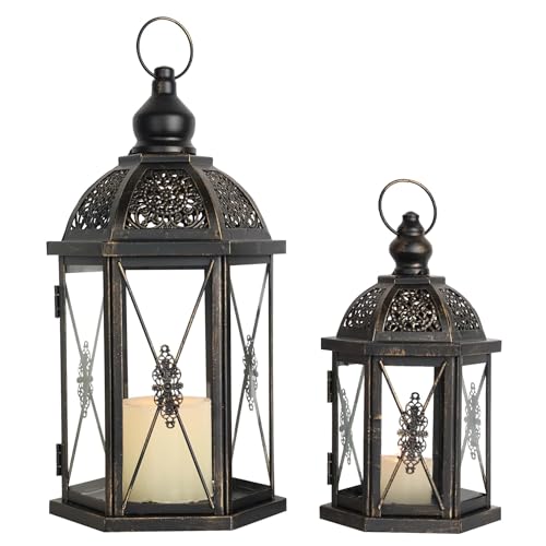 DECORKEY Large & Medium Metal Candle Lanterns, Set of 2 (15''&10'') - Bronze, Powder Coated, Hanging - Indoor & Outdoor, Wedding, Home Decor, Gifts, Seasonal