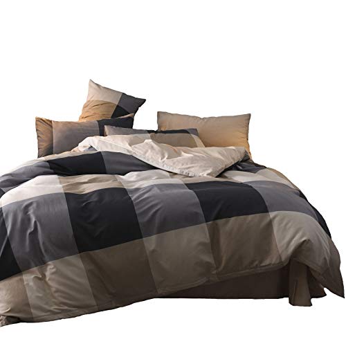 TISPLR Duvet Cover Queen Plaid 100% Brushed Microfiber Reversible 3 Pieces Bedding Set Vintage Style Checkered Pattern Geometric Queen Duvet Cover Set with Zipper Closure Luxury Soft Breathable Comfy