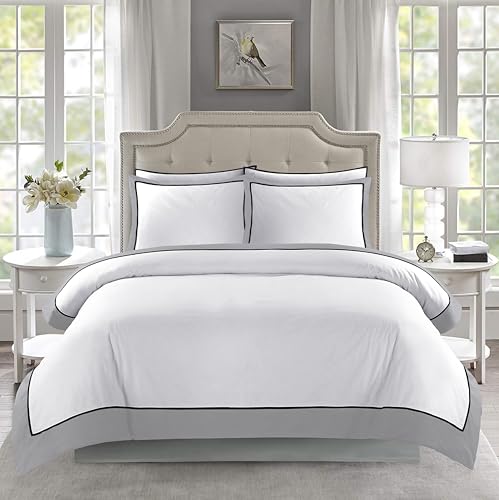 GC GAVENO CAVAILIA Frill Duvet Cover - Ultra Soft Poly Cotton Double Duvet Set & Pillowcases - Lightweight Comforter Cover, Breathable Double Bedding Sets (200 x 200 cm) - White/Grey