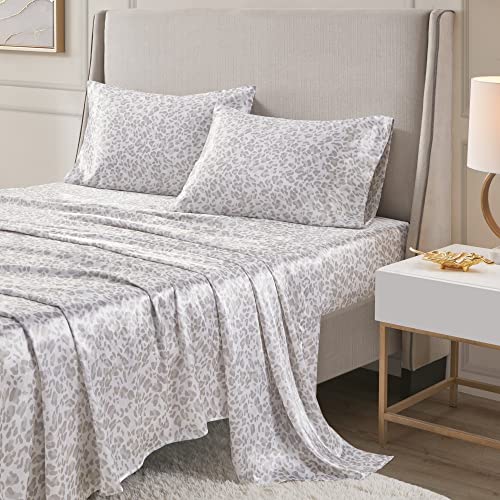"Madison Park Essentials Satin Sheet Set Luxury and Silky with Natural Sheen, Elastic 14"" Pocket fits up to 16"" Mattress, All Around Elastic - Year-Round Bedding, Queen Taupe Leopard 4 Piece"