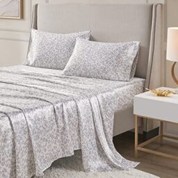 "Madison Park Essentials Satin Sheet Set Luxury and Silky with Natural Sheen, Elastic 14"" Pocket fits up to 16"" Mattress, All Around Elastic - Year-Round Bedding, Queen Taupe Leopard 4 Piece"