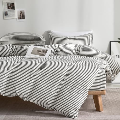 JELLYMONI 100% Cotton Printed Striped TwinXL Duvet Cover Set, Grey - Breathable Softness, Oeko-Tex Certified, Classic Stripes, 8 Corner Ties & Double Hidden Zipper