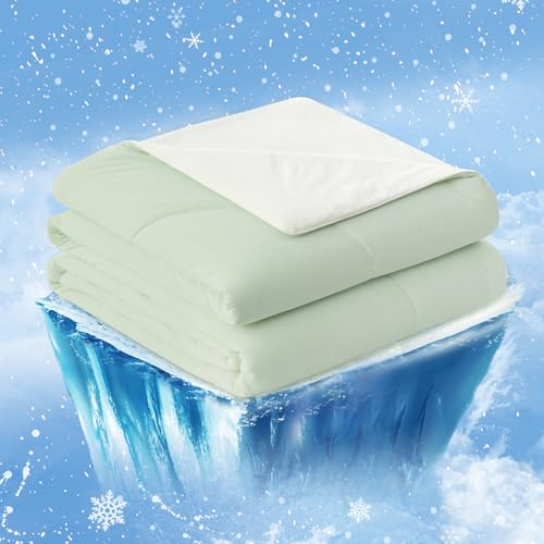 Cozy Bliss Cooling Comforter Twin Size, Cooling Blankets for Hot Sleepers and Night Sweats, Light Mint Green Cream Summer Comforter for Twin Size Bed, Breathable Soft Lightweight Silk Smooth