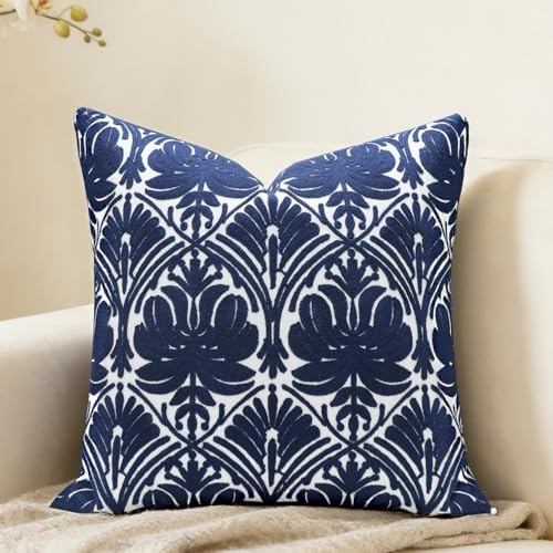 SLOW COW Cotton Embroidery Throw Pillow Cover, Geometric Rose Navy Decorative Throw Pillows for Sofa, 18x18 Inches.