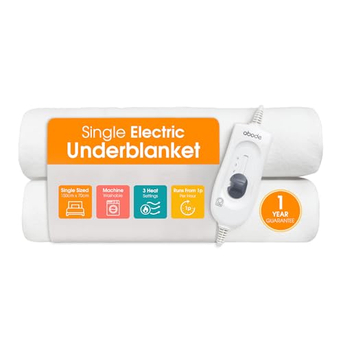 Abode Single Electric Blanket 60W White Heater with 3 Heat Settings, Preheat Function & Detachable Controls, 1.4m Power Cord & Machine Washable AESB1001 (Single)