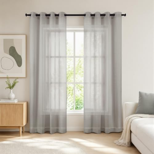 Grey Sheer Curtains for Office Window Tulle Drape Eyelet Semi Voile Silver Curtains for Dining Room Dorm Bedroom Living Room Extra Long 2 Pack 96 Inch Long Light Grey