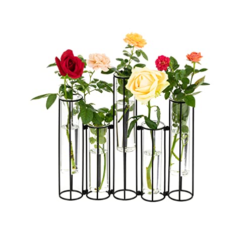 Glass Test Tubes Vase with Stand for Flowers, Black Hinged Bud Vase with Metal Stand Racks Hydroponic Set of 5, Adjustable Pipe Plant Vases Display Set for Table Centerpieces Wedding Decoration
