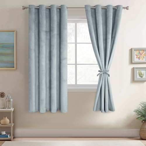JIUZHEN Stone Blue Velvet Curtains 72 inches Blackout Curtains for Living Room - Privacy Protect Room Darkening Grommet Thick Velvet Window Drapes for Bedroom, Set of 2 with Tiebacks, 52W x 72L
