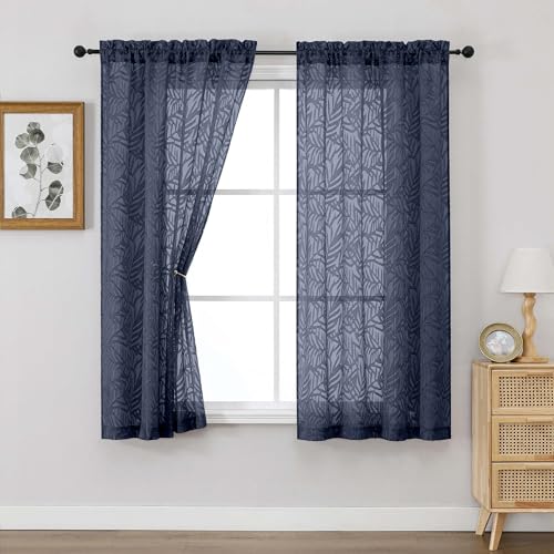 OVZME Navy Blue Sheer Curtains 63 Inch Length 2 Panel, Light Filtering Bedroom Curtains with Dual Rod Pocket, Leaf Clip Jacquard Sheer Farmhouse Window Drapes for Living Room, 2x42Wx63L Inches
