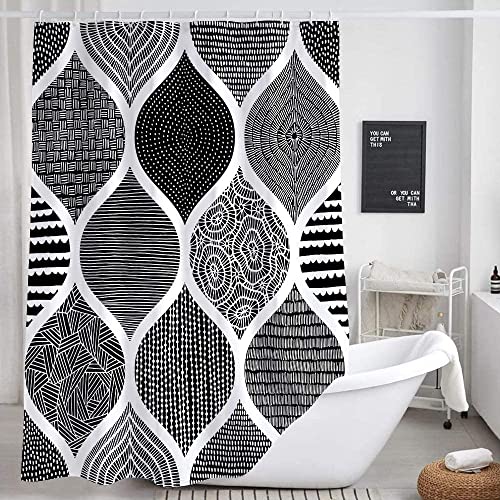 JAWO Black and White Shower Curtain for Bathroom, Bohemian Chic Geometric Pattern Modern Paisley Fabric Shower Curtains Set, Abstract Bohemia Restroom Decor Accessories with Hooks 72X84Inches