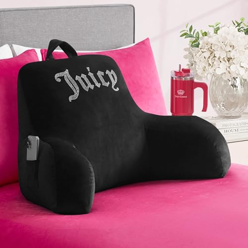 "Juicy Couture Velour Backrest Pillow with Rhinestone Juicy Logo - 30""x17"", Black Supportive Bed Rest Pillow for Reading, Gaming, or Relaxing"