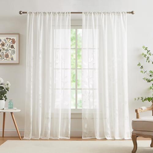 "Jubilantex Leaf Lace Sheer Curtains for Bedroom 84 Inches Long White Botanical Leaf Knitted Lace Curtain Panels Rod Pocket Light Filtering Drapes,52"" W"