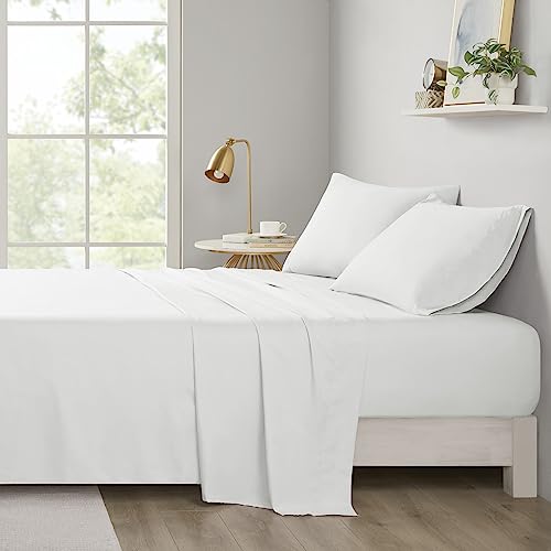 "Intelligent Design Microfiber Bed Sheet Set Wrinkle Resistant, Soft Sheets with 12"" Pocket, Modern, All Season, Cozy Bedding-Set, Matching Pillow Case, Full, White, 4 Piece"