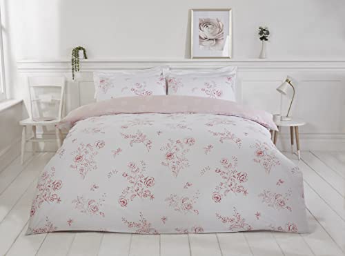 Rapport Home Pink Floral Duvet Cover Set - White Reversible Eco-Friendly Single Bedding Set - 2Pcs Quilt Cover Featuring Roses and Paisley Motif