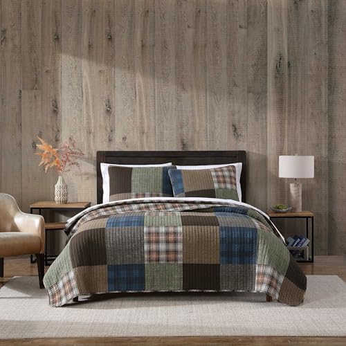 Eddie Bauer Premium Cotton Reversible Bedding with Matching Sham, Home Décor, Classic Patchwork Green, Full/Queen