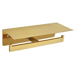 APLusee Brushed Gold Double Toilet Paper Holder with Shelf, Heavy Duty 304 Stainless Steel Tissue Holder for Bathroom with Storage, Commercial Paper Roll Dispenser Wall Mounted