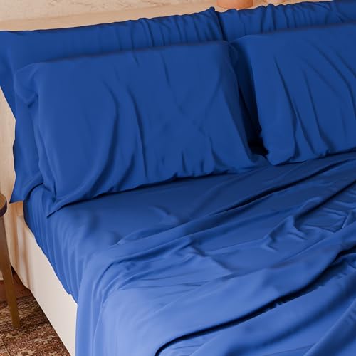 PETTI Italian Artisans - 4-Piece Maxi Double Bed Sheet Set, Soft and Breathable, Complete Bed Set with Top Sheet, Fitted Sheet with Elasticated Corners and 2 Pillowcases, Blue Sheets