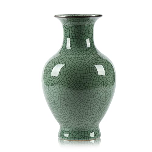Bigsee Handmade Ceramic Cracked Glaze Green Vase - Rustic Minimalist Living Room Decor, Centerpiece, Wedding & Party Decor