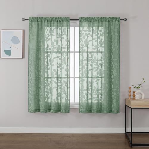 OVZME Sage Green Sheer Curtains 54 inches Long 2 Panels for Living Room, Jacquard Clip Leaf Pattern Textured Light Filtering Window Semi Sheer Voile Drapes for Bedroom, Each Panel 42 x 54 Inch