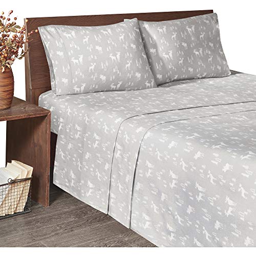 "WOOLRICH Flannel 100% Cotton Sheet Set Warm Soft Bed Sheets with 14"" Elastic Pocket, Cabin Lifestyle, Cold Season Cozy Bedding Set, Matching Pillow Case, Queen, Grey Moose, 4 Piece"