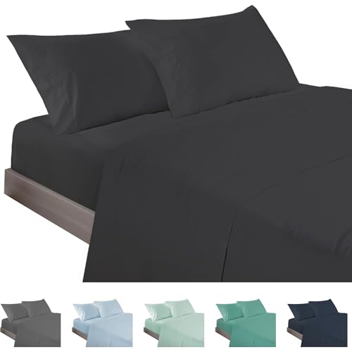 ECOMMERC3 - 4-Piece Bed Sheet Set 200 Made in Spain - Sheet Set with Fitted Sheet, Top Sheet and 2 Pillowcases 45 x 110 cm Black