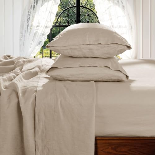 Shilucheng 100% French Linen Sheets - Full Size Bed Sheets, Breathable & Cooling Pure Linen Sheets,Soft Durable and Tear Resistant -16 Inch Deep Pocket - 4Pcs (Linen, Full)