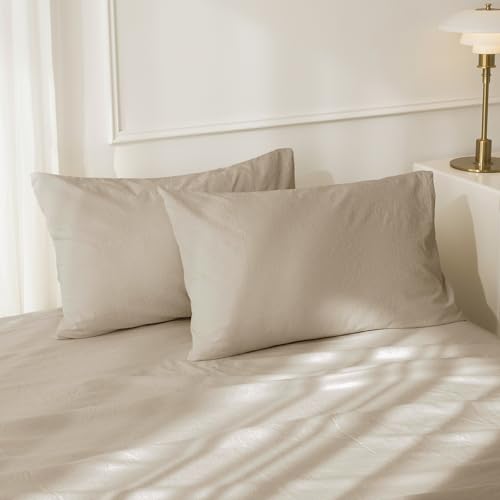 JIYUAN 100% Washed Cotton Pillowcases Set Envelope Closure Pack of 2 Comfy Simple Style Soft Breathable Textured Durable Linen Feel Bedding for All Seasons King Size,Tan